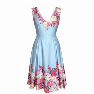 Yumi Floral A-Line Midi Dress Light Blue Satin Multicolor Flowers V-Neck US 10